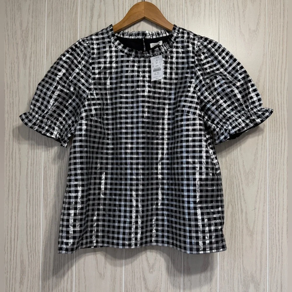 J.Crew Metallic Gingham Puff Sleeve Top Size S NWT